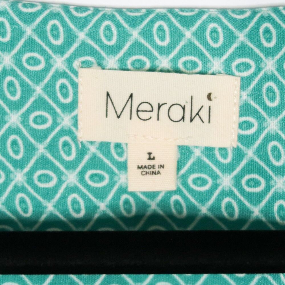 Meraki Womens‎ Blouse Size Large Teal Green Geometric Peplum Tie Waist Boho - Picture 3 of 8